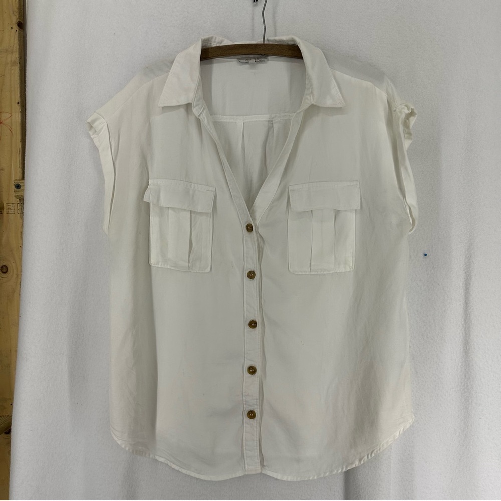 Love Tree Short Sleeve Button Up Blouse Womens Large White